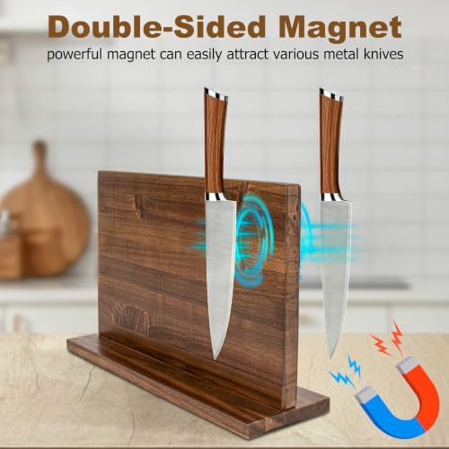 RedCall Magnetic Knife Holder, 16" Double Sided Acacia Wood Knife Block for Kitchen Counter,Strong Magnet Knife Strip for Chef Knife, Large Knife Storage with Non-Slip Base - Fits Up to 12 Knives