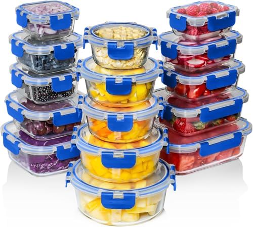 Razab 30 PC Glass Food Storage Containers with Lids - Reusable Glass Meal Prep Containers for Lunch and Leftovers - Airtight & Leakproof Snap Locking Lids - Oven, Freezer, Microwave, Dishwasher Safe