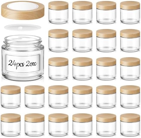 24 Pack 2 oz Small Glass Jars with Plastic Woodgrain Lids & Inner Liners