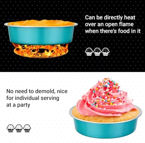 Beasea Mini Tart Pie Pan, 100 Pack 7.3oz 215ml Aluminum Foil Ramekins Disposable Baking Cups Only, 4 Inch Mini Baking Pie Tin Pans No Lids Cupcake Liners for Tart Cheesecake - Blue Green