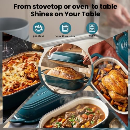 Oval Dutch Oven for Bread Baking,Enameled Cast Iron Bread Pan(4.1QT,Teal)