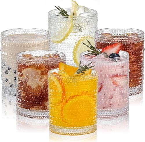 HomeVogue Hobnail Drinking Glasses Set of 6,12 oz Vintage Glassware Set Cocktail Glass Set, Embossed Clear Water Tumbler,for Beer, Whiskey,Juice and Various Mixed Drinks (12oz Clear)