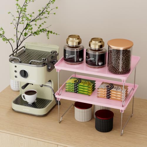 STARLATTA 2 Pcs Cabinet Organizer Shelf，Stackable Kitchen Counter Shelves, Spice Rack,Countertop Organizers，Pink Plastic Storage Shelves Rack for Makeup，Bathroom, Cupboard，Desk，Pantry Organization