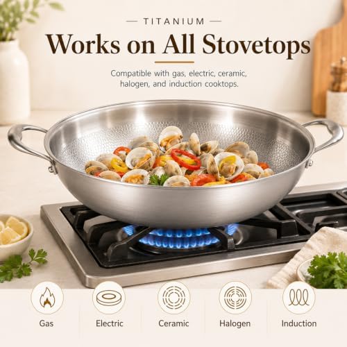 14 Inch Titanium Hammered Wok with Double Handles, Frying Pans Nonstick, Non-Stick Wok, Scratch-Resistant Non Stick Titanium Pans for Cooking,with lid