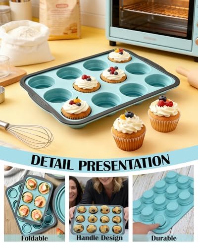 Silicone Muffin Pan for Baking with Metal Frame， Nonstick Cupcake Pan， 12 Cup Baking Pan for Cupcake, Tarts, Egg Bites(12 Cup Green)