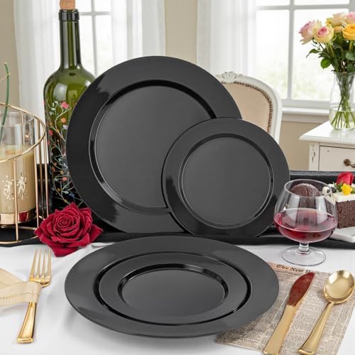 FLOWERCAT 200PCS Black Plastic Disposable Plates for Party - 10 "&7" Black Plastic Plates - Serve for 100 Guests for Summer Party & Birthday & Wedding&Halloween