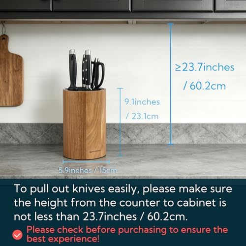 KITCHENDAO Universal Knife Block Without Knives, Acacia Wood Knife Holder, Space-Saving Round Knife Storage Organizer for Countertop, with Slots for Scissors and Sharpening Rod