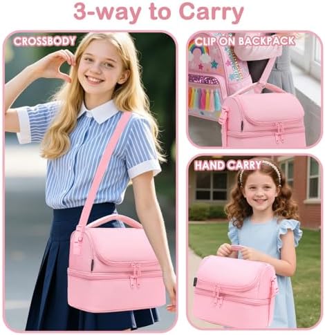 FlowFly Double Decker Cooler Insulated Lunch Bag Large Tote for Boys, Girls, Men, Women, With Adjustable Strap,Pink