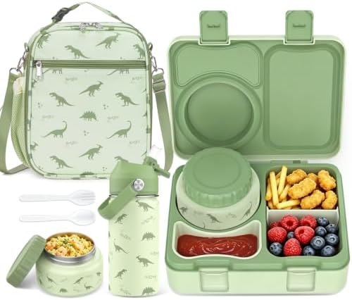 Kids Bento Box with Food Jar, Water Bottle, Lunch Bag,Dinosaur