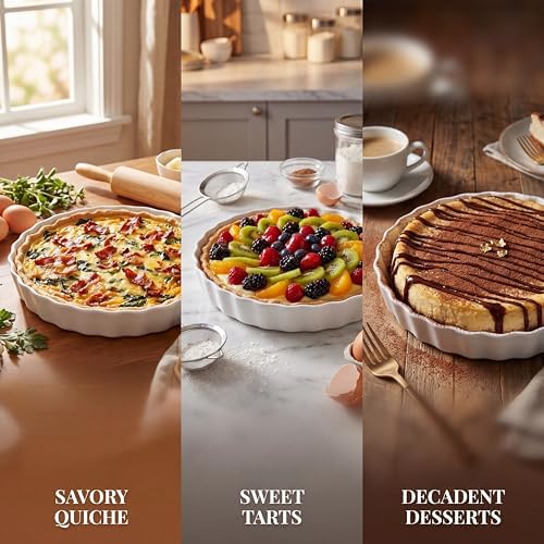 Quiche Baking Dish, Ceramic Quiche Pan, 10 inch Large Round Tart Pan Set of 2, Porcelain Pie Pan Oven Safe, Wave White Baking Dishes for Dessert, Cheesecake, Souffles, Dishwasher Safe, 43 Oz