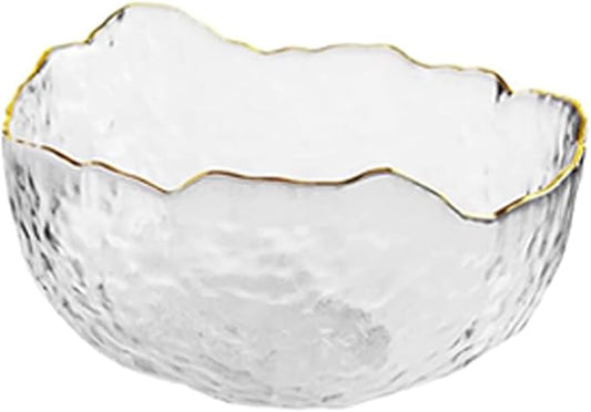 Glass Salad Bowl Irregular Lotus Flower Shape Serving Bowls, Mixing Nut Bowls for Kitchen Fruist, Snack, Dessert, and Ice Cream Candy Dishes (Crystal Clear with Gold Rim, Small)