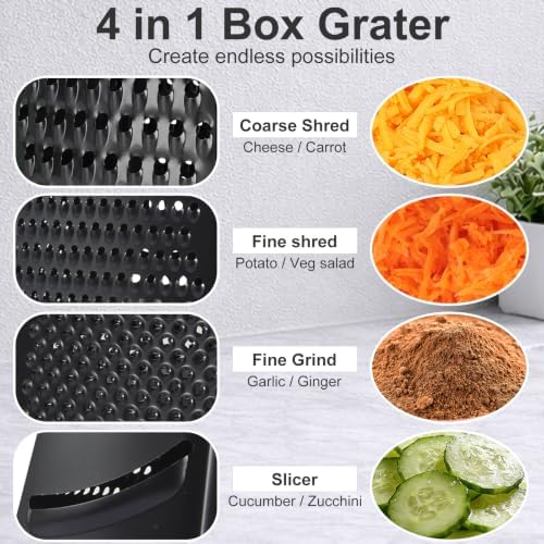Ourokhome Cheese Grater with Handle, Stainless Steel Box Grater, 4 Side Kitchen Vegetable Shredder Slicer Zester with Container for Parmesan, Cabbage, Ginger, Lemon, Chocolate, Coconut (Teal black)
