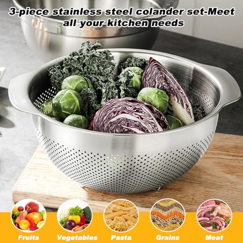 3 Pcs Stainless Steel Colander Set for Kitchen, Metal Food Pasta Strainers