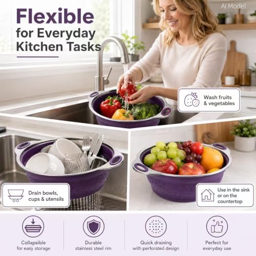 Mejoncb Collapsible Colander – Platinum Silicone Strainer with Stainless Steel Base, BPA-Free & Heat Resistant Kitchen Drain Basket (Purple)