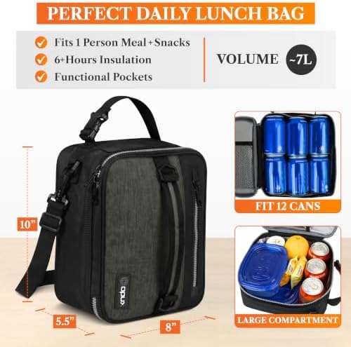 opux Insulated Lunch Bag for Men Women Kids, Soft Lunch Box, Charcoal