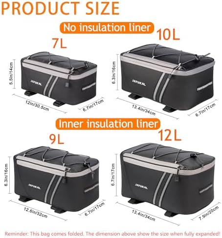 JXFUKAL Rear Bike Rack Bag with Rain Cover, 7L/9L/10L/12L Ebike Bag