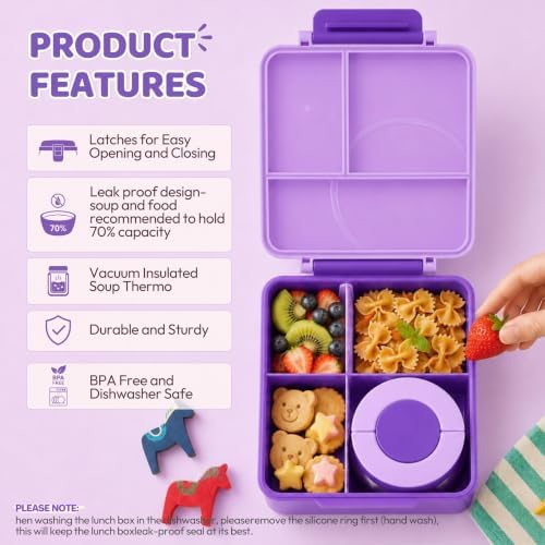Itslife Bento Lunch Box for Kids with 8oz Soup Thermo&Lunch Bag, Leak-Proof Lunch Food Containers with 4 Compartment, Hot Food Insulated Food Jar for Kids School (Purple)