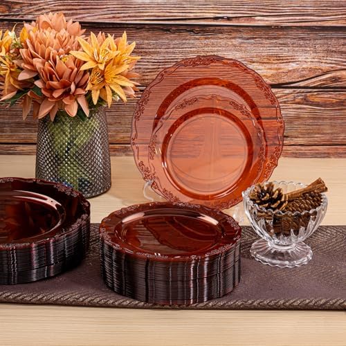 U-QE 100PCS Amber Plastic Plates - Clear Brown Plastic Plates