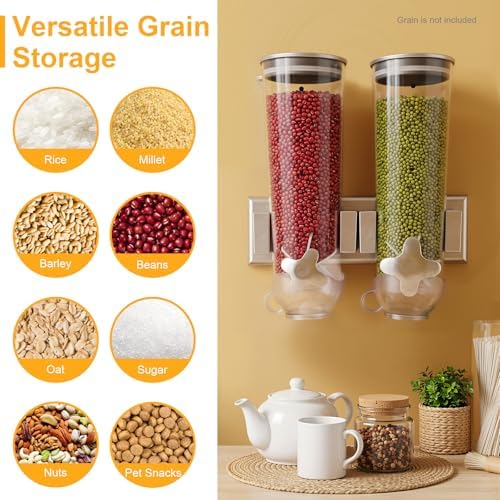 Wall Mount Dry Dispenser, 2-Bucket Cereal Dispenser with 3L/101oz Capacity for Rice, Pasta, Coffee Beans, Nuts, and Pet Snacks, Space Saving Kitchen Storage