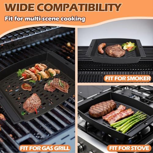 15"x12" Cast Iron Grill Basket for Outdoor Grills, Fish Veggie Grill Pan Tray, BBQ Grilling Pans Tray for Weber, Napoleon, Char-Broil, Royal Gourmet and Most Charcoal Smoker & Gas Grill