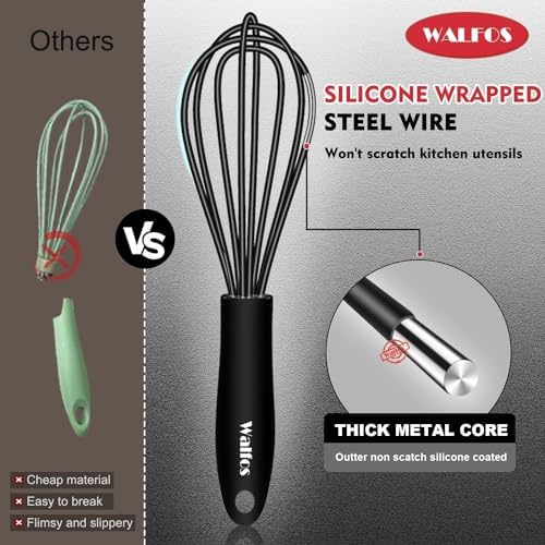 Walfos Silicone Whisk,7+9in Mini Whisk,BPA Free,Small Whisks for Non-Scratch,Heat Resistant (450°F) Nice for stirring individual eggs and mixing small amounts of powder and sauce.Dishwasher Safe.Black