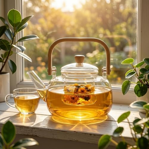 1000ml (33.8oz) Borosilicate Glass Teapot with Wooden Handle, Stovetop Safe Clear Tea Kettle with Removable Glass Infuser for Blooming Tea & Loose Leaf Tea