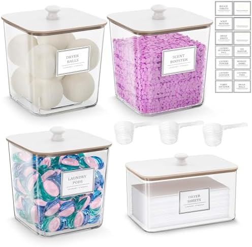 HomePekite Laundry Pods Storage Container, Clear Acrylic Laundry Room Organization and Storage ,Detergent Powder Container,with Wooden Lids & Labels, 3+1 Pack（White）