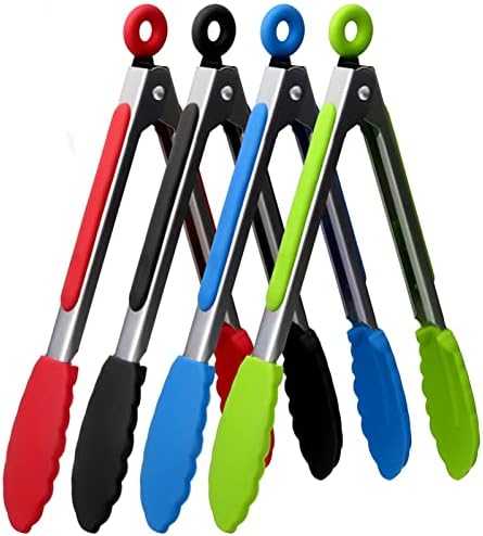 ZHIYE 9” Kitchen Tongs, 4 Pcs Silicone Tongs,Non-Slip Stainless Steel Tongs with Locking Clip for Food, Cooking, BBQ, Serving, Salad, Ice, Heat Resistant Food Grade