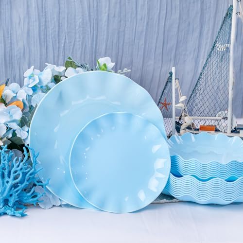 LIYH 24Pcs Light Blue Scalloped Plastic Plates Reusable For Party Events