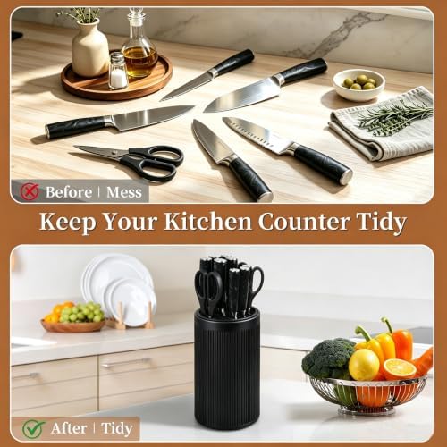 Universal Knife Block Without Knives,Round Knife Holder with Slots for Scissors & Sharpening Rod,Modern Sandstone Look Knife Organizer,Safe Space Saver Knife Storage Stand for Kitchen - Matte Black