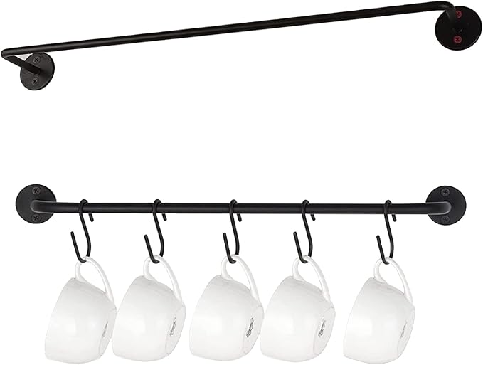Wall Mounted Coffee Mug Holder - Black Metal Rod with 5 Removable Hooks for Kitchen or Restaurant