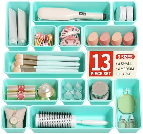 Canfanni 13 Pack Plastic Drawer Organizers Set, 3 Sizes Desk Drawer Organizer Trays for Vanity and Makeup Organizer, Organization and Storage for Makeup, Kitchen Utensils, Bathroom and Office(Blue)