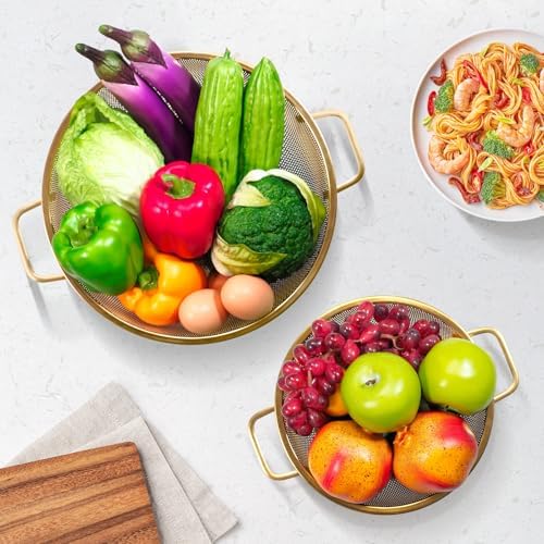 Gold Strainer for Kitchen, 5QT, Stainless Steel Colander with Handle for Fruits Vegetables Cooking Food, Dishwasher Safe