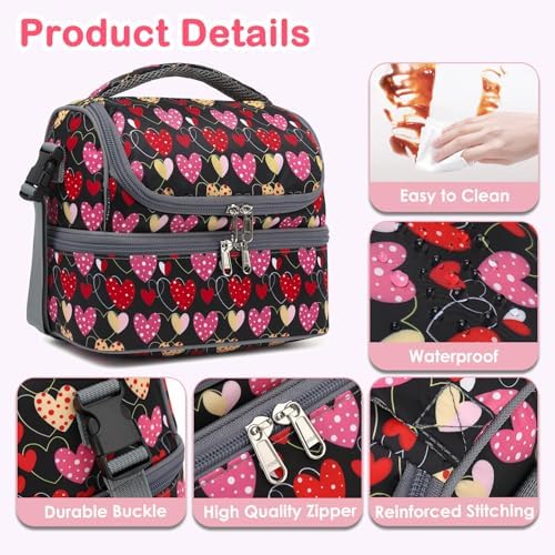 FlowFly Double Decker Cooler Insulated Lunch Bag Large Tote for Boys, Girls, Men, Women, With Adjustable Strap,Heart