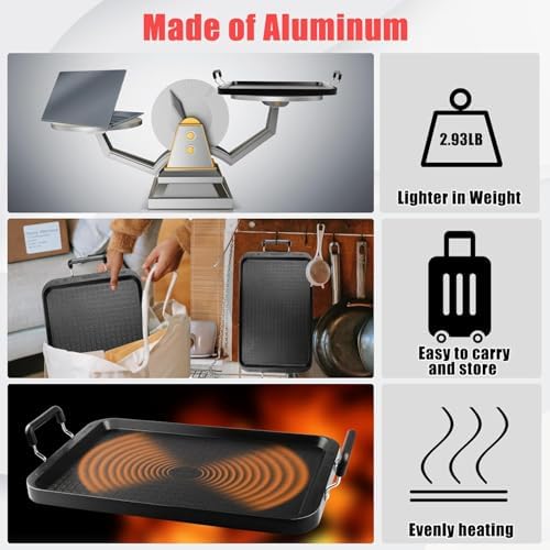Stove Top Griddle for Gas Stove, 17" Warp-Resistant Double Burner Griddle Pan, Ceramic Nonstick Aluminum Flat Top Grill for Pancakes, Breakfast, Indoor Cooking, Camping & BBQ