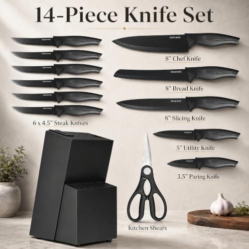 LINHAO 14-Piece Black Kitchen Knife Block Set with Built-In Sharpener