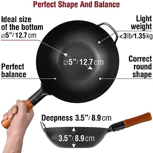 YOSUKATA Carbon Steel Wok Pan – 11,8 “ Woks and Stir Fry Pans + Wok Lid 11.4 In - Premium Stainless Wok Cover with Tempered Glass Insert Steam Holes and Ergonomic Handle