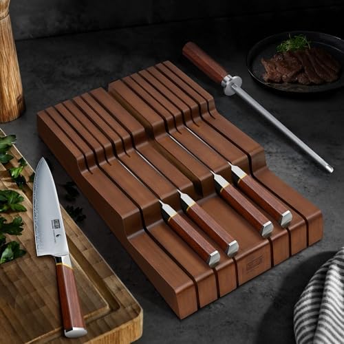 HOSHANHO In-Drawer Knife Block, Bamboo Knife Drawer Organizer for 12 Knives