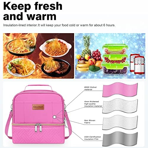 BALORAY Lunch Bag for Women Men Adult Lunch Box (Rose Red with Strap),L