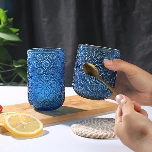 Set of 8 Vintage Embossed Glassware,4 Highball Glasses 14oz & 4 Rocks Drinking Glasses 9oz, Blue, Art Deco, for Wine, Water, Cocktail, Juice, Whiskey, Gift