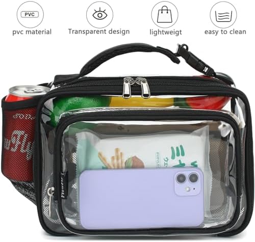FlowFly Clear Kids Lunch Box, See Through Plastic Lunch Bag with buckle for Boys & Girls, Stadium Approved Clear Bag with Front Pocket for Work Concerts Sports Events Festivals