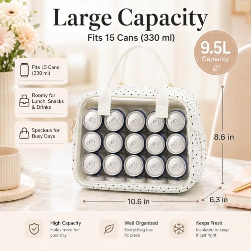 CAMTOP Lunch Box for Women Men Insulated Lunch Bag Lunch Tote Bag Leakproof Thermal Cooler Large Capacity for Travel Work School Picnic (Beige Black Polka Dot, Medium)