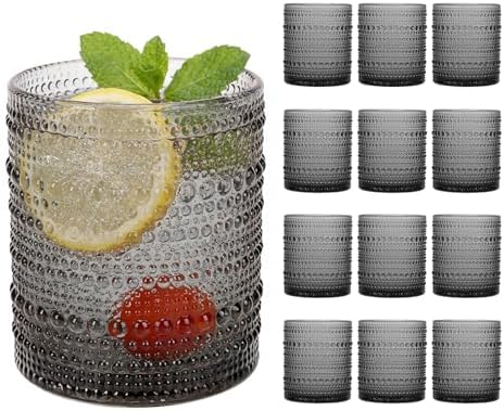 Moretoes 12 Pack 10 Oz Gray Hobnail Drinking Glasses Set
