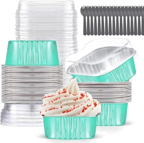10oz Mini Cake Pans with Lids (40 Pack) Aluminum Foil Square Cupcake Liners Brownie Baking Cups,Disposable 4”x4” Large Cupcake Pan,Jumbo Muffin Tin Ramekins Holders