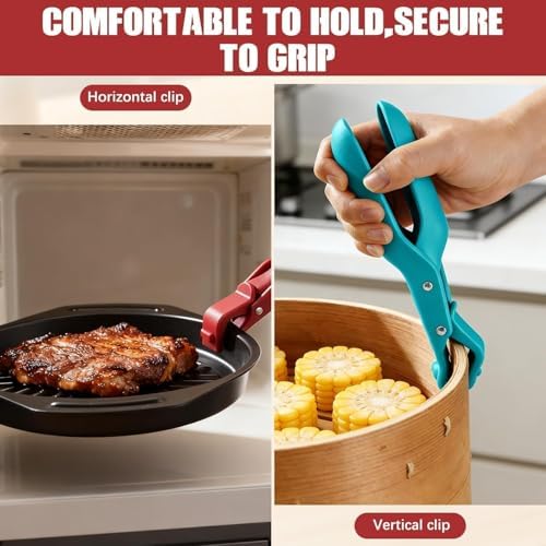 4PCS Hot Plate Gripper Tong, Dip Clips for Plate, Bowl Holder for Hot Food, Anti Scald Bowl Holder Clips for Kitchen (Red + Blue)