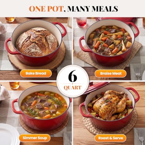 Sweetcrispy 6 Qt Enameled Cast Iron Dutch Oven Pot with Lid, Red