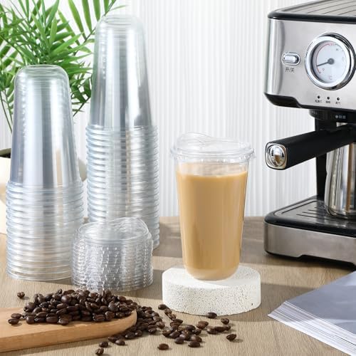 Baderke 25 Pcs Round Bottom Plastic Cups with Lids Clear Togo,18 Oz
