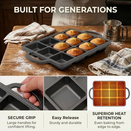 Flavehc 2Pack Cast Iron Brownie Pan with Dividers Individual 12 Cup Cavity Cast Iron Baking Pan for Brownies Square Muffin Pans Molds