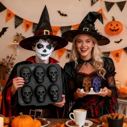 FUNBAKY Skull Baking Pan, Muffin Pan Metal Reinforced Frame Silicone Skull Cake Mold - Halloween Nonstick Large Molds for Baking with Handle, Easy to Move Oven 1 Pack