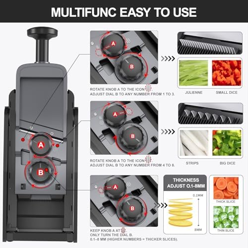SupMaKin 8 IN 1 Upgraded Safe Mandoline Slicer,Multi Vegetable Chopper,Potato Slicer, Onion Chopper with Drain Basket Storage Container, Cheese Grater Kitchen Chopping Artifact (Black)